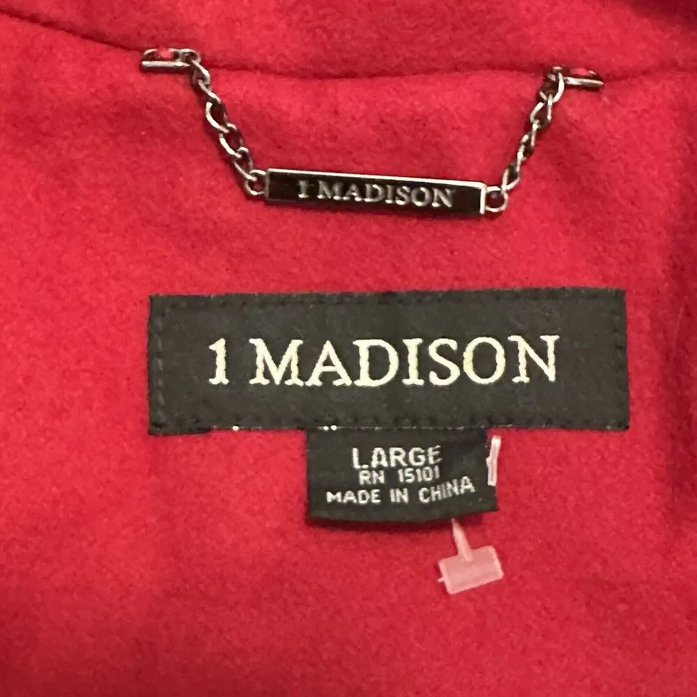 1 Madison‎ Women Large Pea Coat Wool Blend Button Down Red Missing Hood